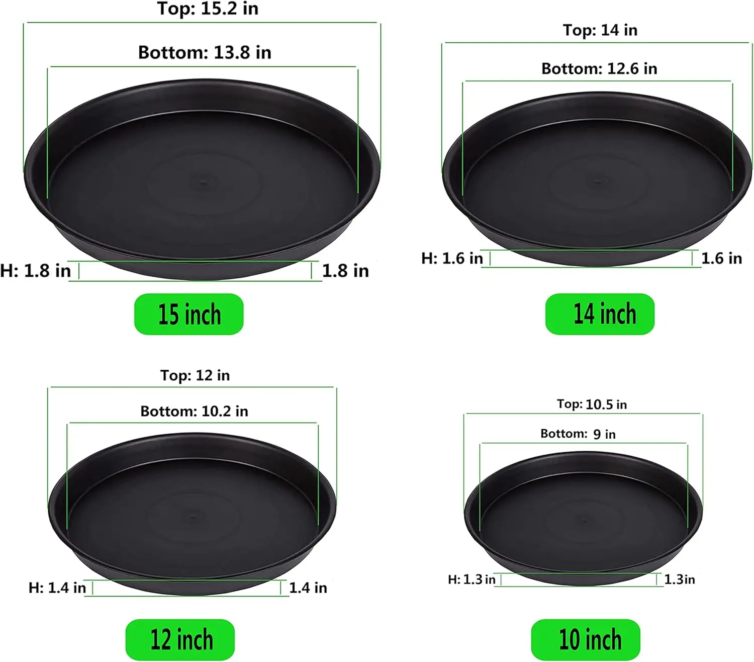 8 Pack Plant Saucer Drip Trays 10/12/14/15 Inch, Black Plastic, Indoor Outdoor