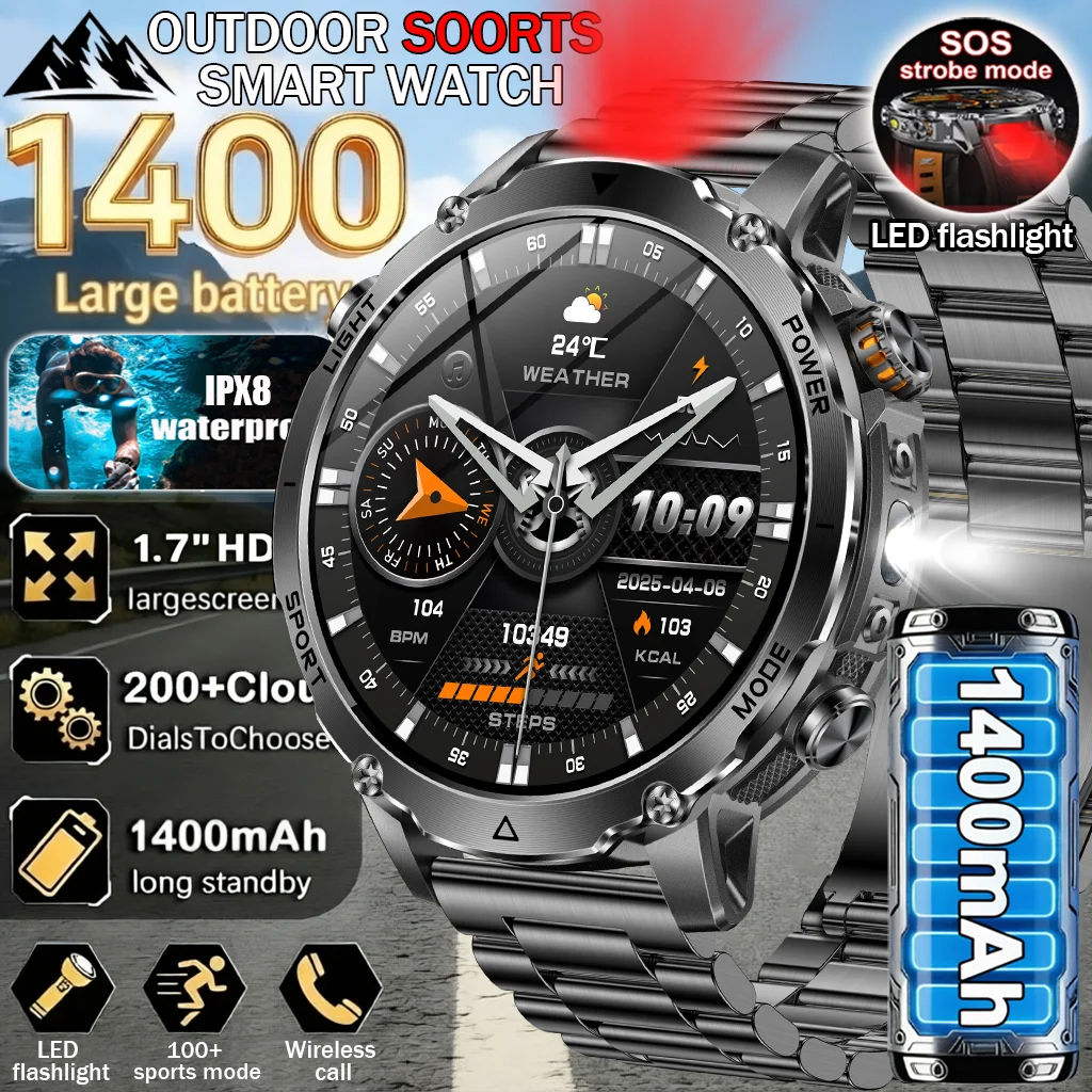 New 1400mAh smartwatch with SOS flashing + alarm sound, fitness tracking, health monitoring, wireless call function, flashlight