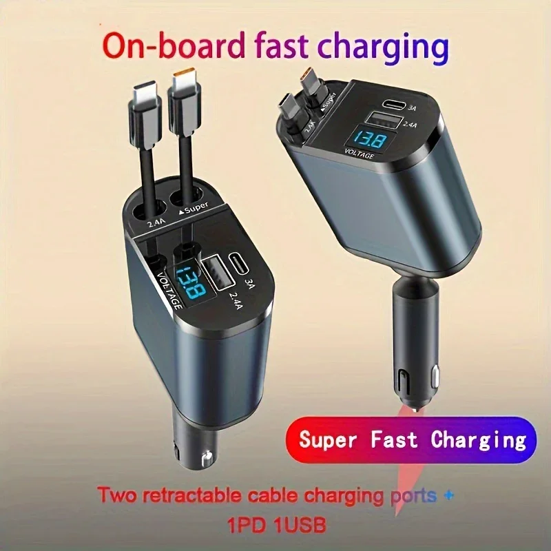 

120/66w 4 IN 1 Retractable Car Charger Mobile Phone USB PD Type C Cable For iPhone Fast Charge Cord Cigarette Lighter QC Adapter