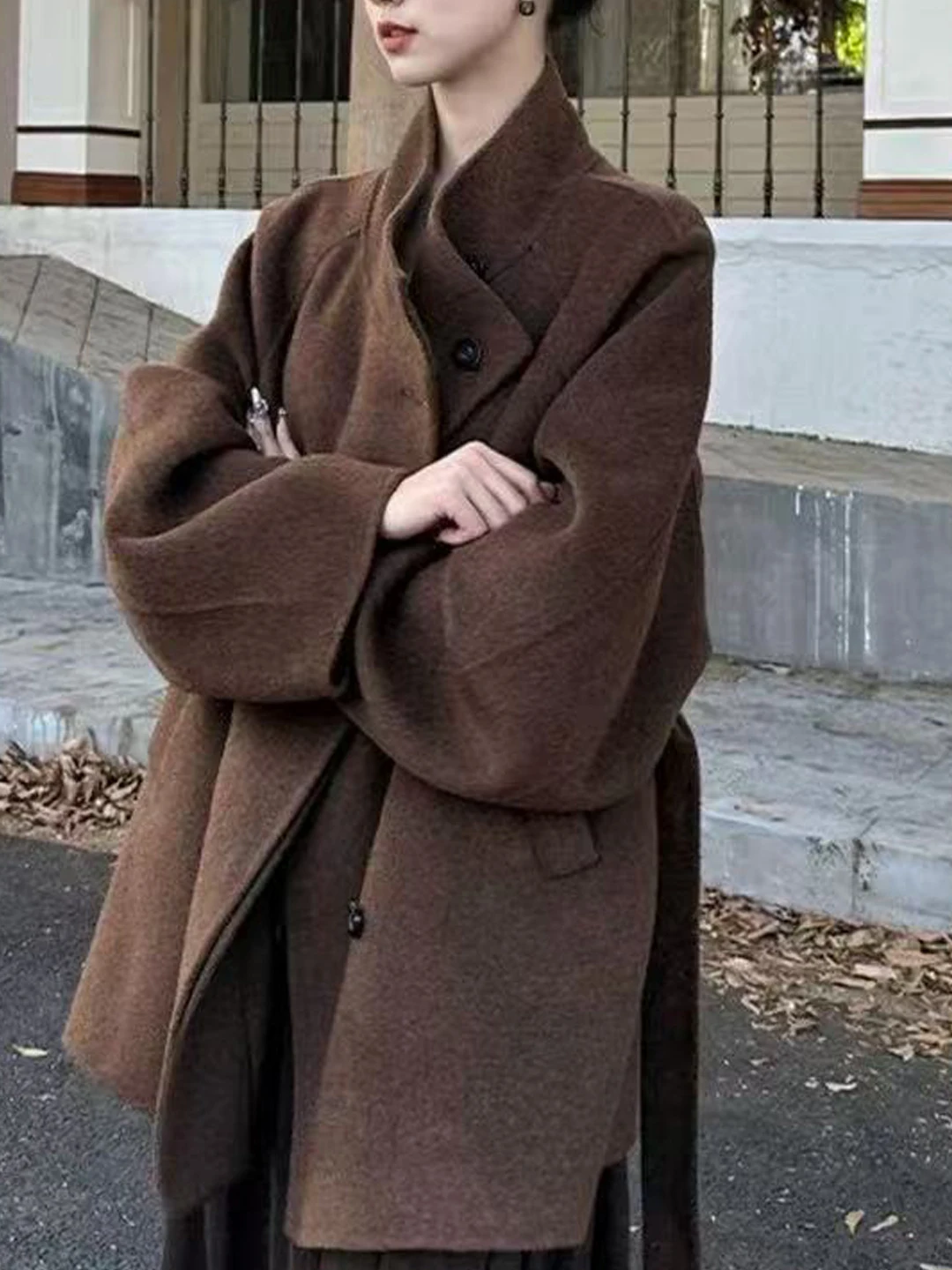 

plus Size Double-Faced Camere Coat Women's Hepburn Sle Mid-Length Outerwear Winter Warm Long Sve Button Decorated