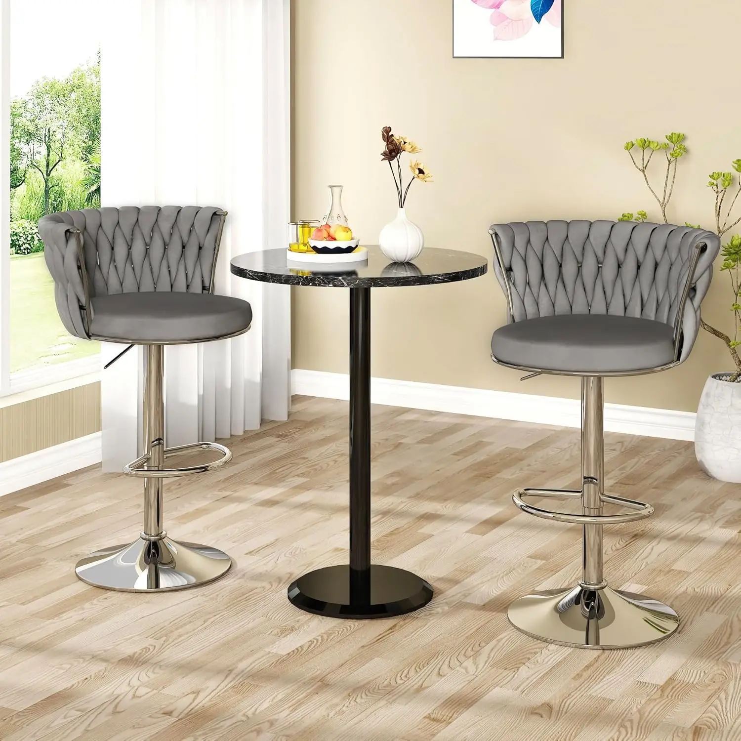Velvet Bar Stools Set of 2, Modern Adjustable High Backrest Kitchen Counter Chairs, Grey