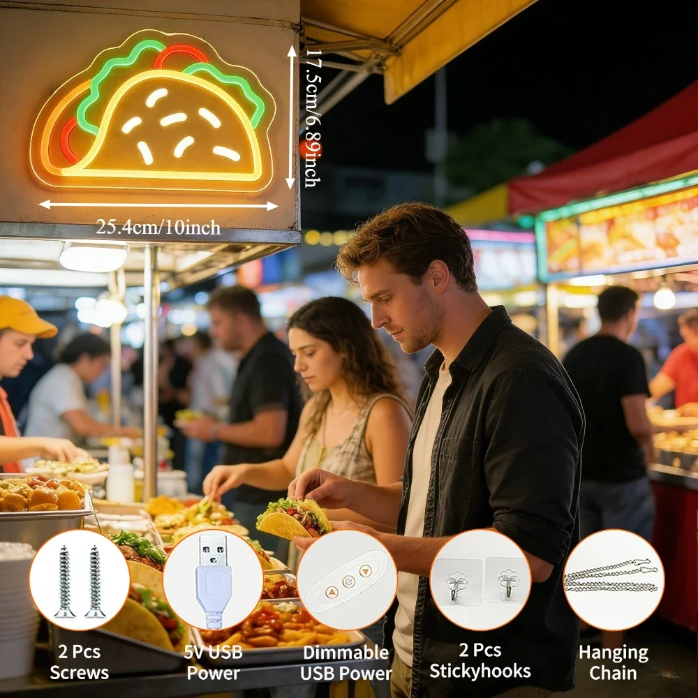Taco Neon Sign LED USB Dimmable Funny Wall Light for Mexican Restaurant Kitchen Barbecue Store Men Cave Party Birthday Art Decor