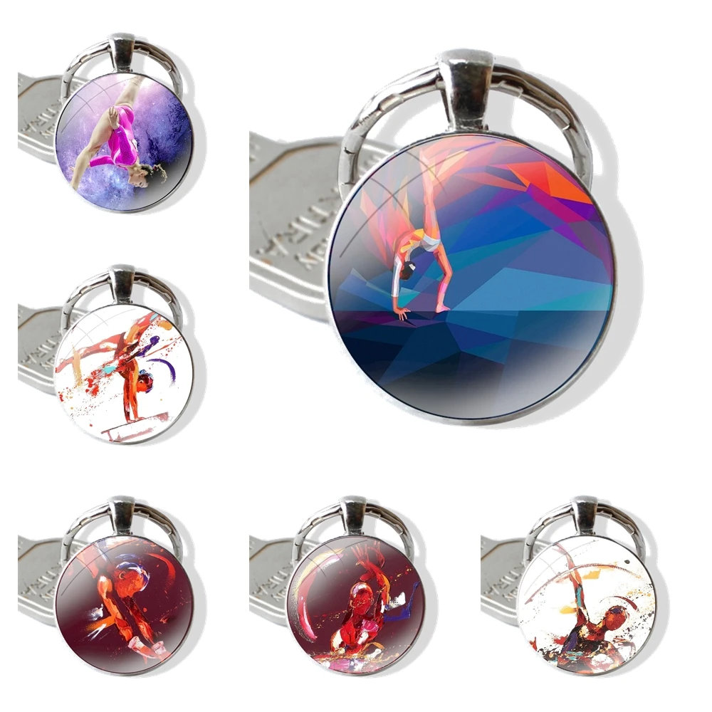 Glass Metal Pendant Key Chain Classic Men Women Key Ring Accessories Jewelry Gifts Love Gymnastics Oil Painting