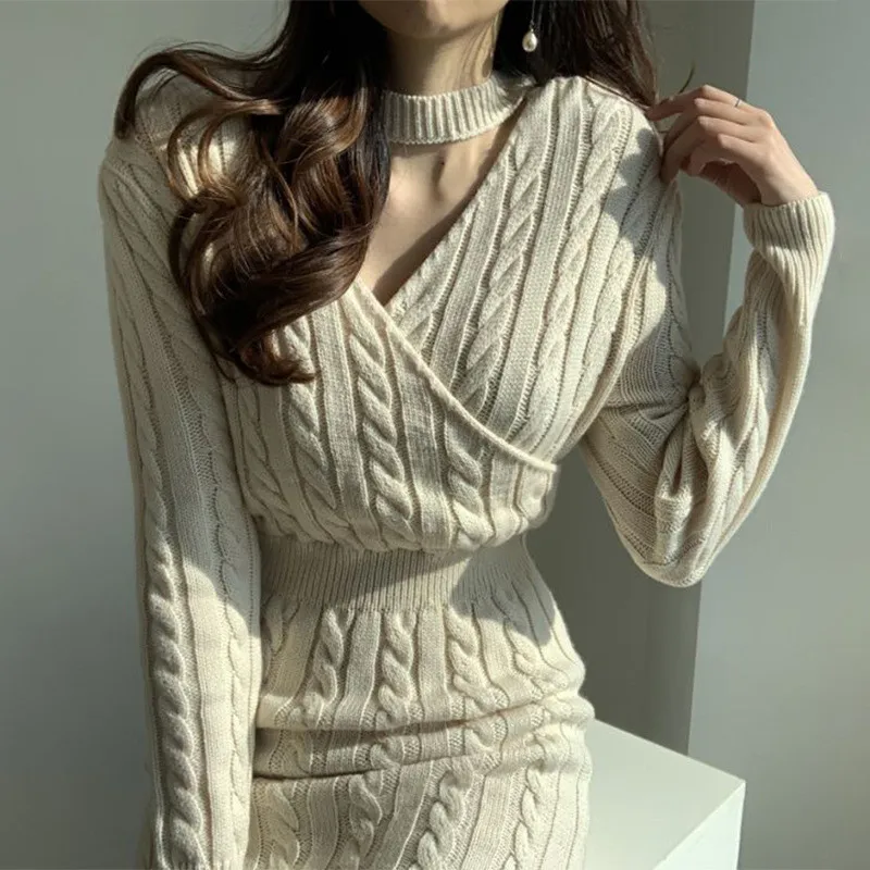 UHYTGF New Korean Autumn Knitted Sweater Dress Women's O Neck Split Back Sexy Female Sweaters Dresses Elegant Ladies Clothes 102