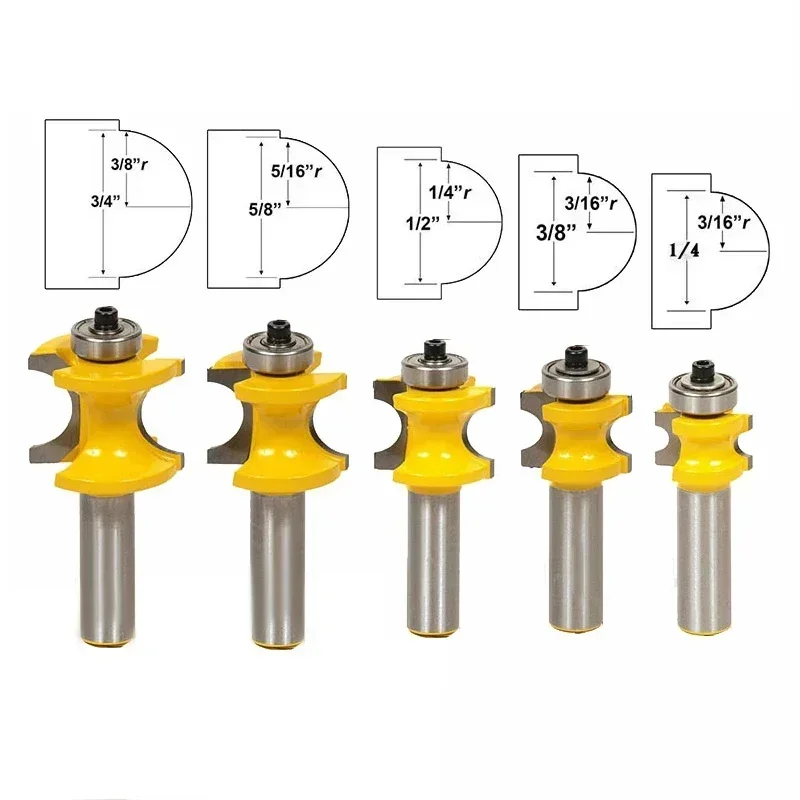 5 PCS 12mm 1/2 Shank Bullnose Half Round Bit with Bearing Endmill Bits for Wood Woodworking Tool Milling Cutter