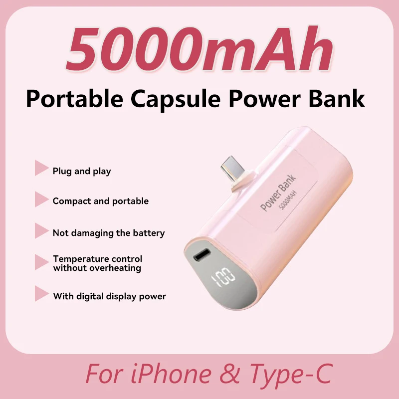 New 5000mAh Mini Power Bank 2-IN-1 Fast Charging Powerbank Portable Digital Display External Battery Plug Play For iPhone Type-C