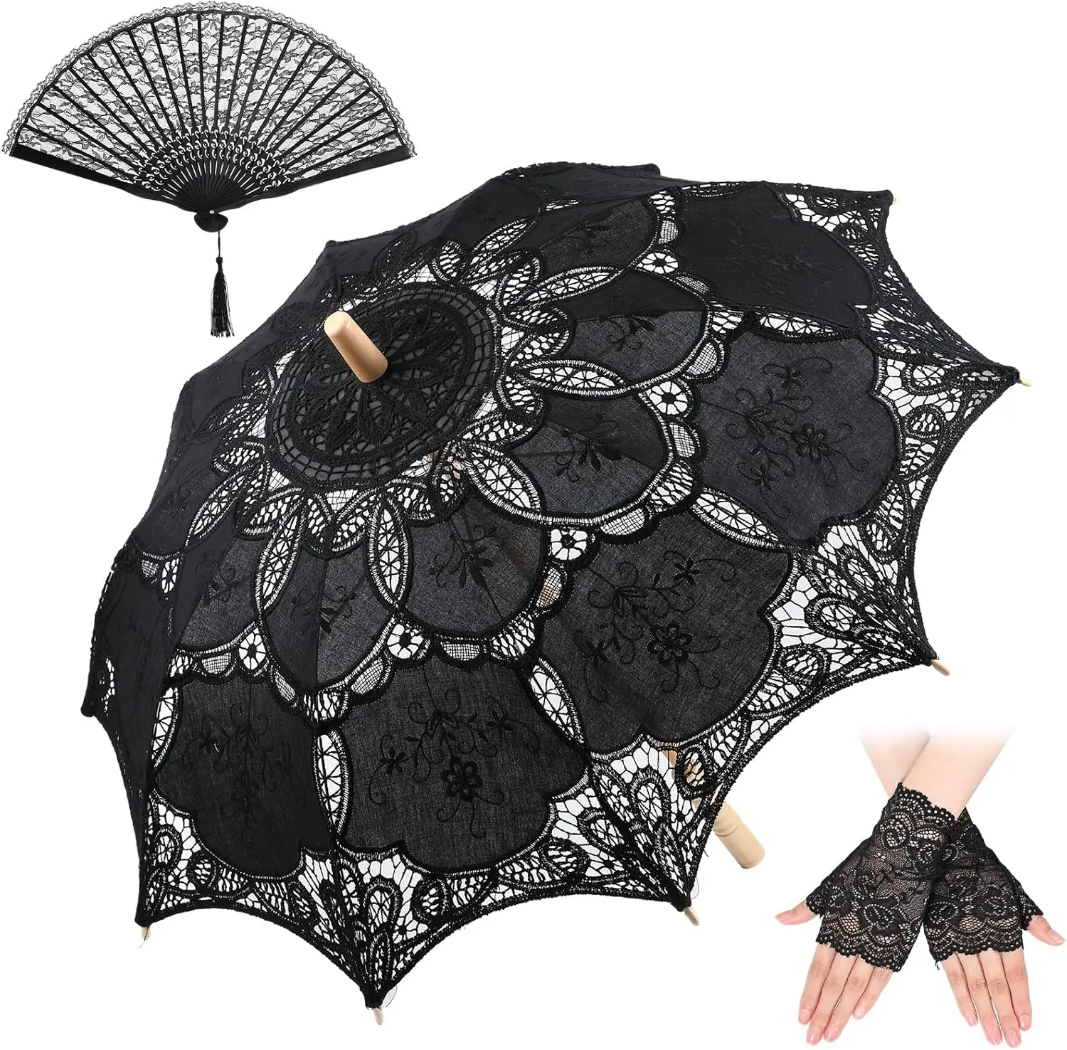 

Vintage Black Lace Parasol with Folding Fan and Gloves for Halloween Witch Wedding Bridal Cosplay Photoshoot Costume Props