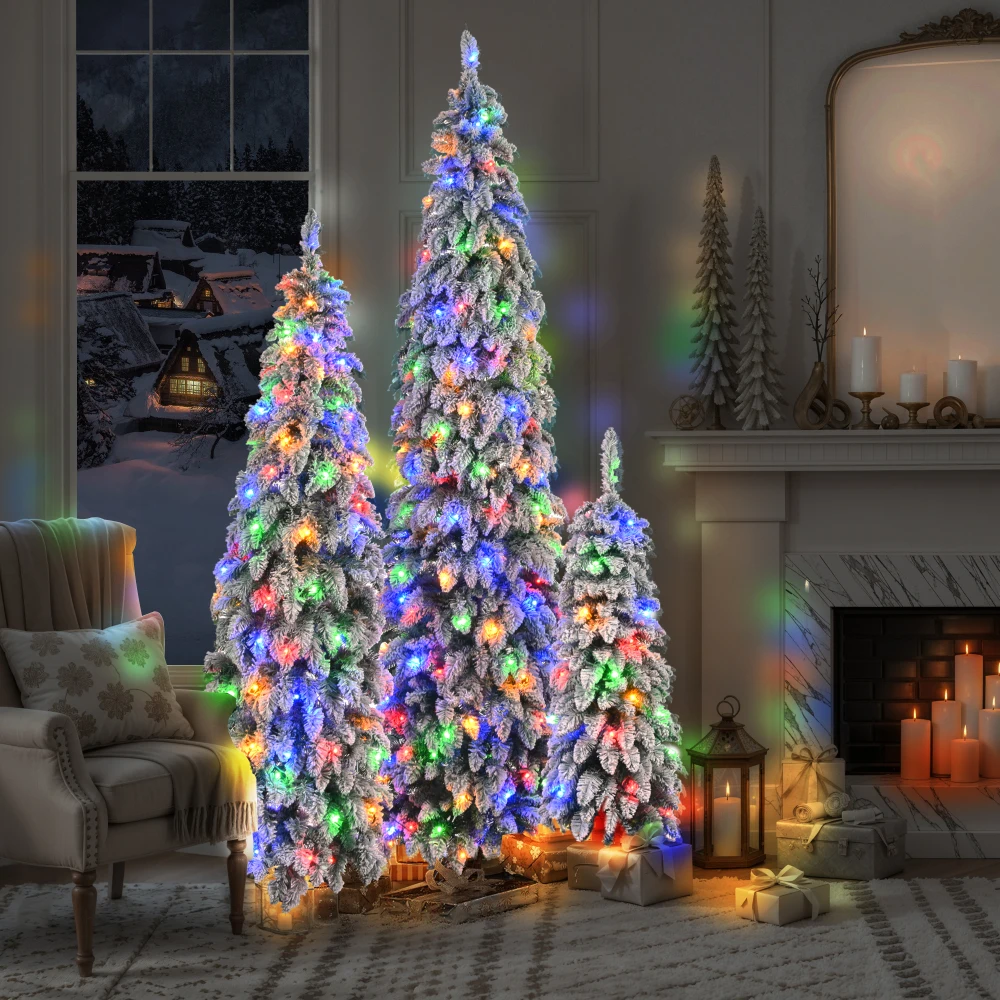 8/6/4FT Pre-Lit Pencil Trees, 1455 Tips, 520 LEDs, 11 Modes. Slim, Snowy Design, Ideal Xmas Decor.