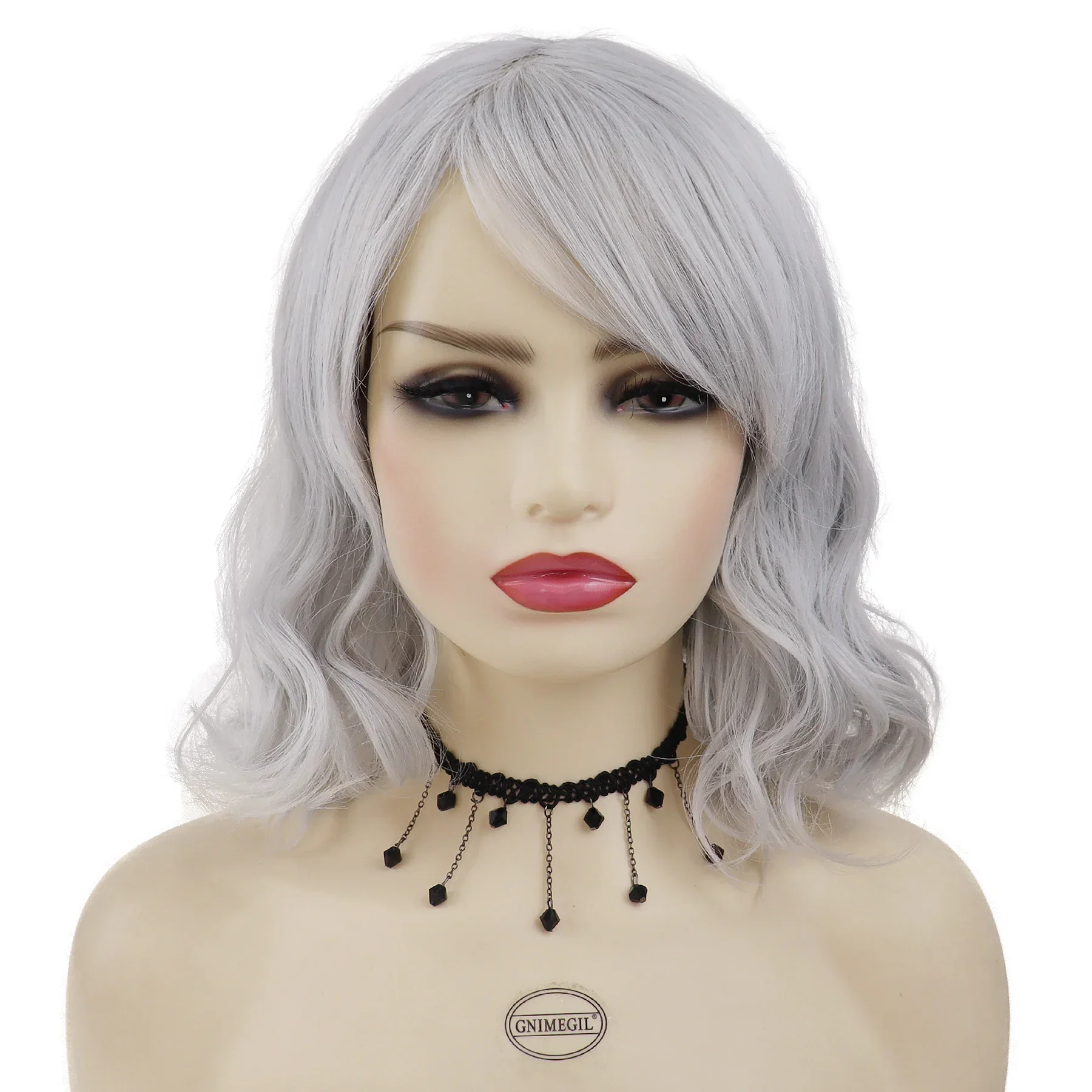 Old Lady Grandma Wigs Synthetic Hair Short Light Grey Wave Wig with Bangs for Women Daily Use Costume Party Heat Resistant Fiber