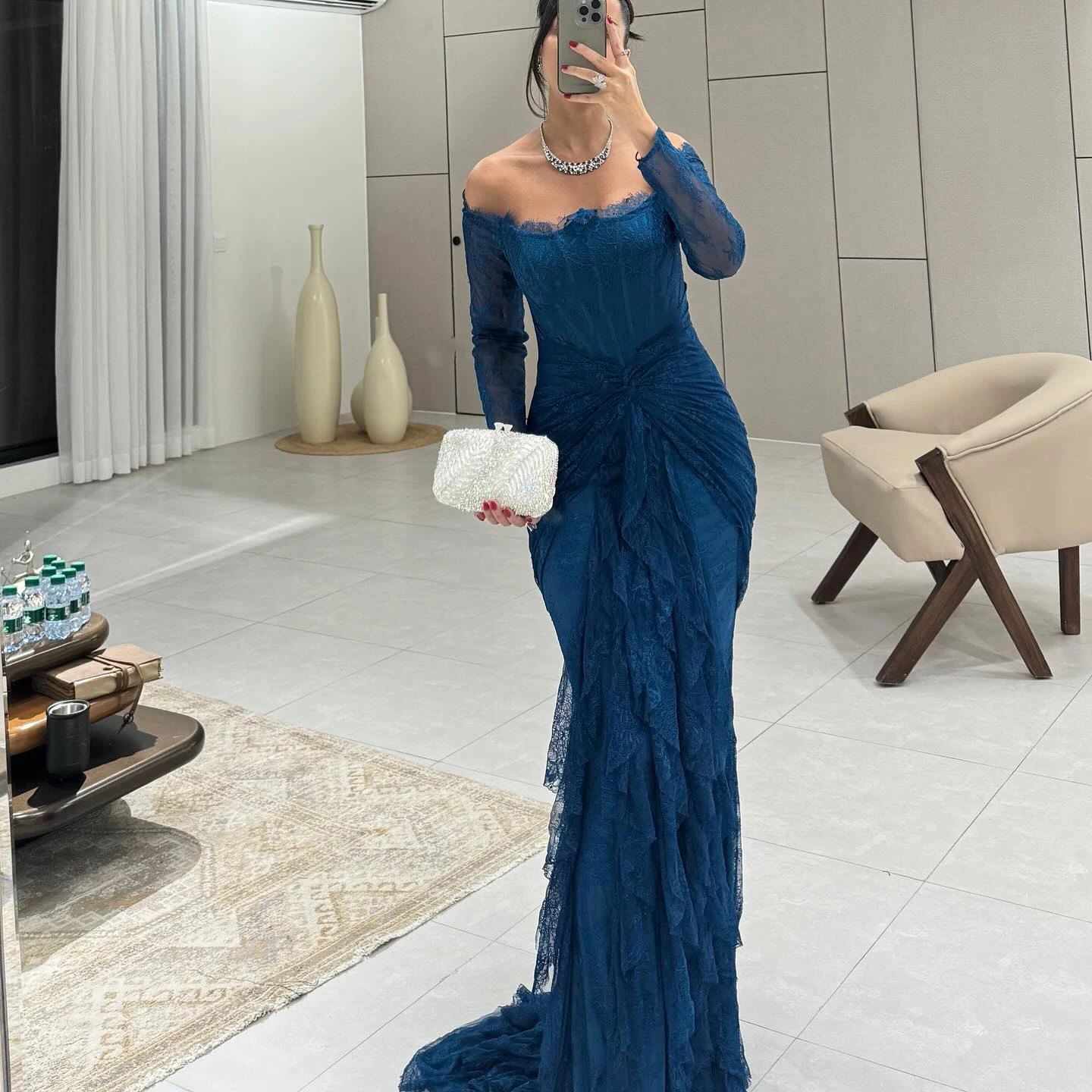 Sharon Said Black Lace Off Shoulder Evening Dress with Long Sleeves Mermaid for Woman Wedding Arabic Prom Gown SF519 Customized