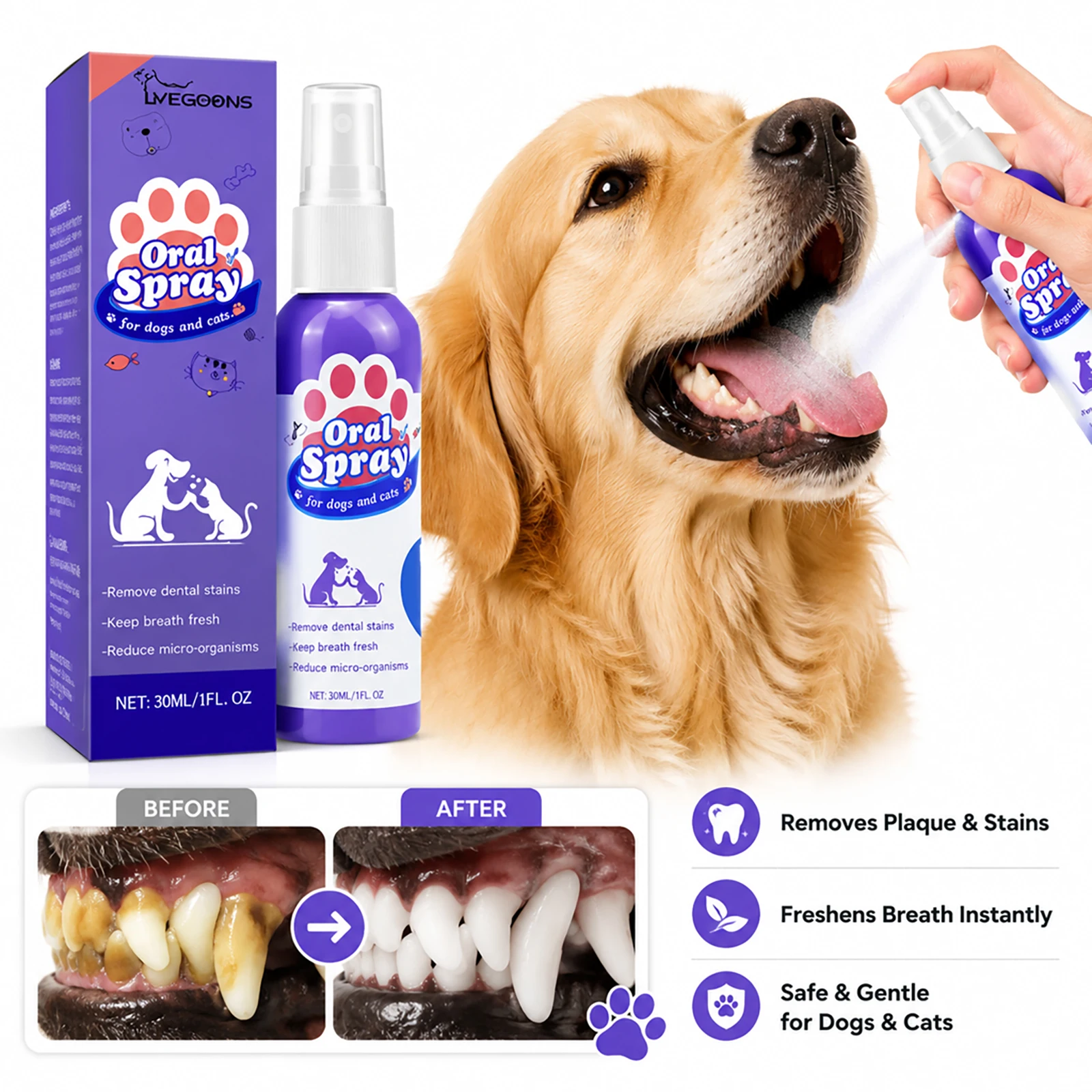 Pet Teeth Cleaning Spray Reduces Plaque & Tartar Buildup Keep Dog Cat Fresh Breath Oral Dental Care Hygiene Treatment All Breeds