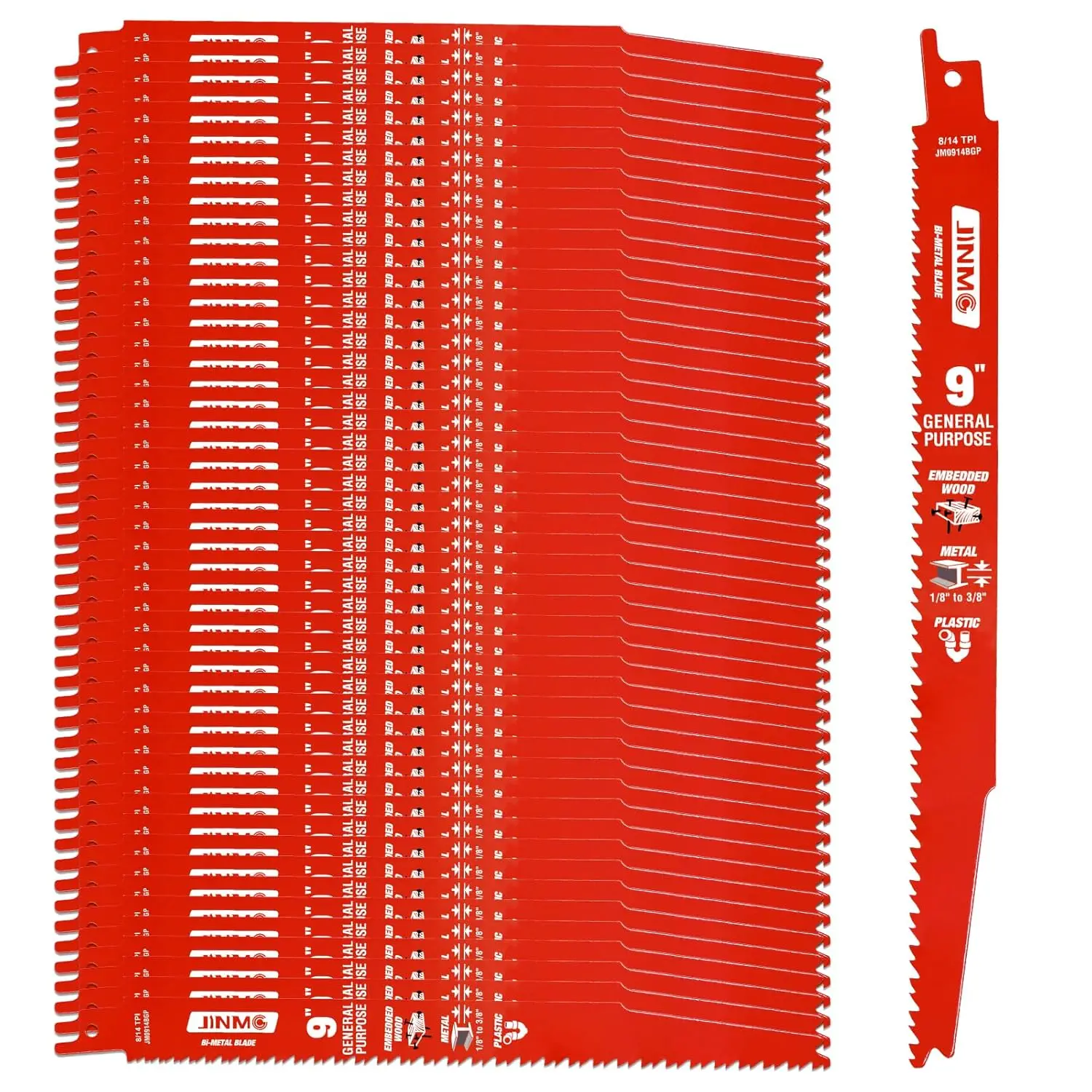 

50 Pack 9 Inch 8/14TPI Reciprocating Saw Blades for Wood, Nail-Embedded Wood & Metal Cutting