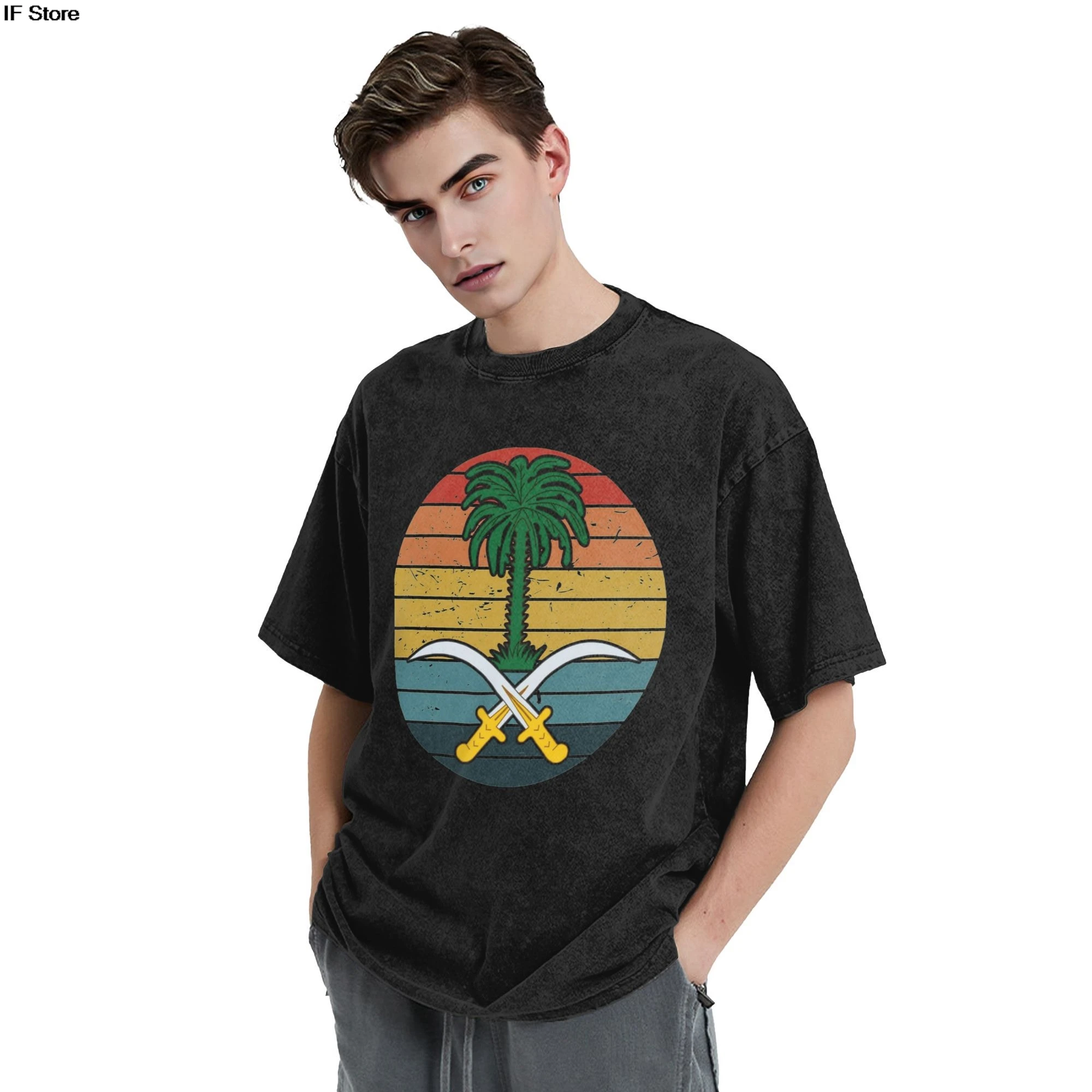 Dia nacional saudita camisetas de algodão bandeira da arábia saudita vintage pôr do sol lavado t camisa streetwear hip hop das mulheres dos homens cam