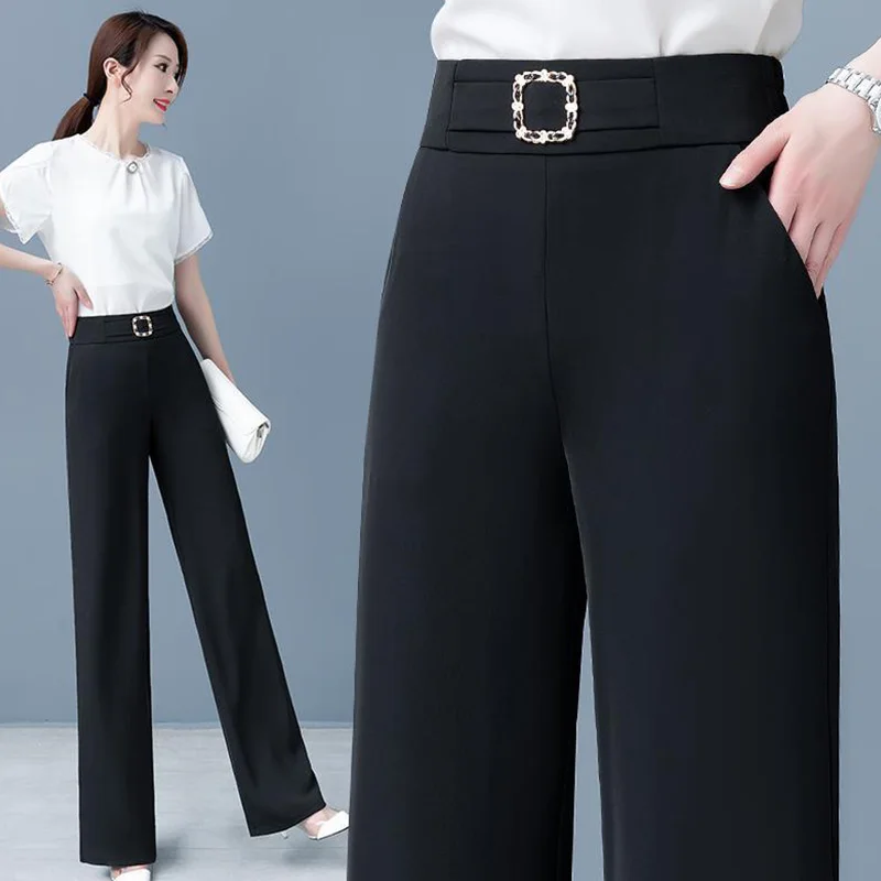 Pantalon Taille Haute artificiel astique Élégant pour Femme, Vêtement de Bureau, Couleur Unie, Nouvelle Collection Été 2024