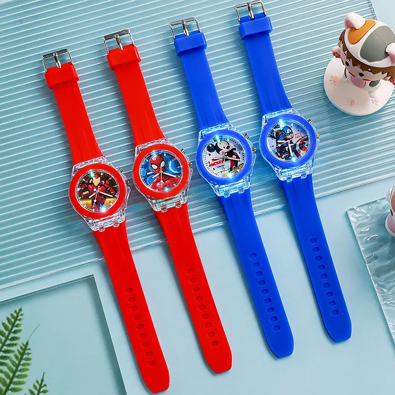 Disney Spiderman Watch  Kids Luminous Watch Cute Silicone Mickey Colorful Lights Watch Gifts for Girls Kids Watches