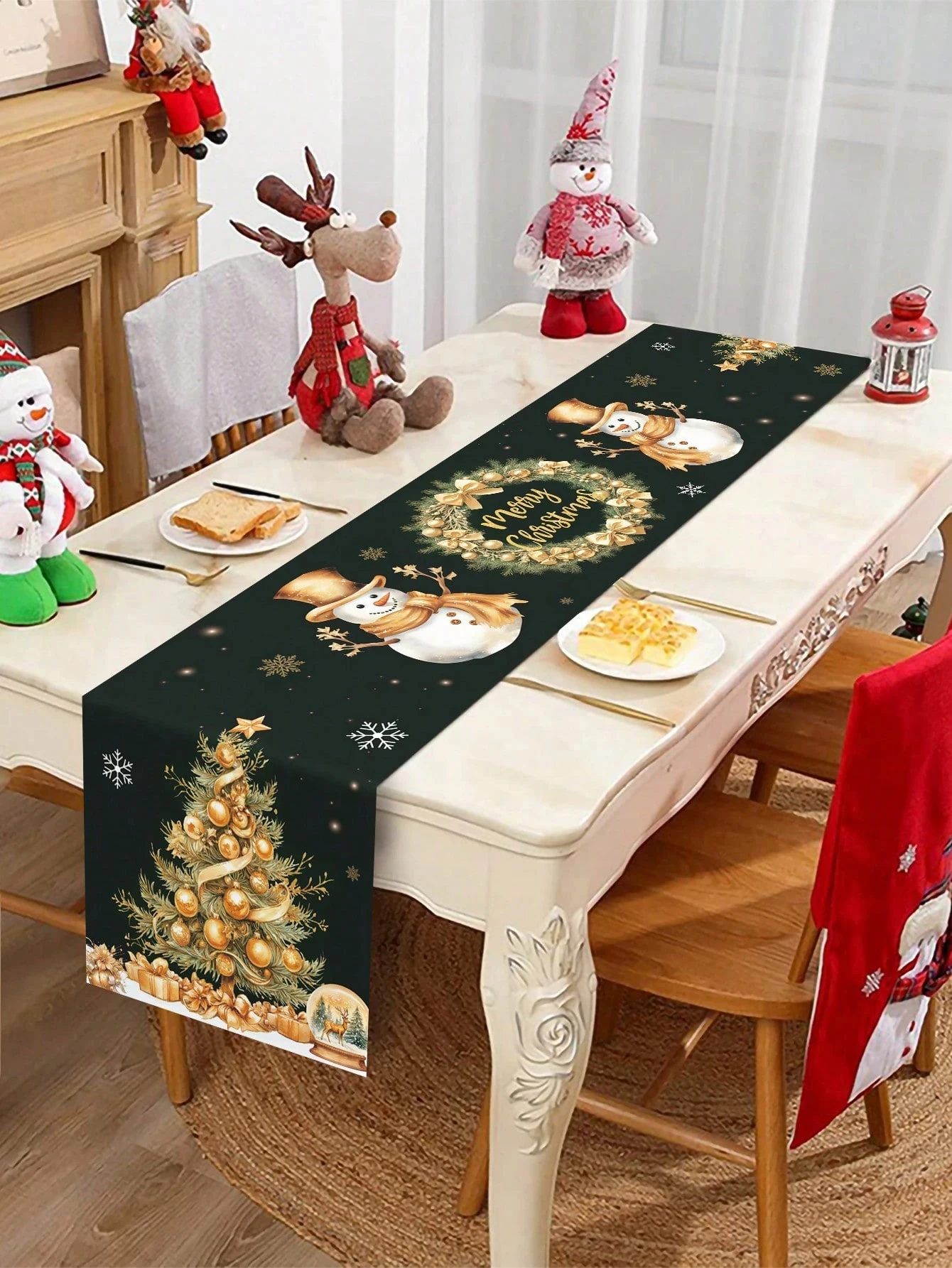1pc Black Gold Christmas Decor  Table Runner  Christmas Tree/Wreath/Snowman Pattern, Flat Print, Ideal for Merry Christmas Party