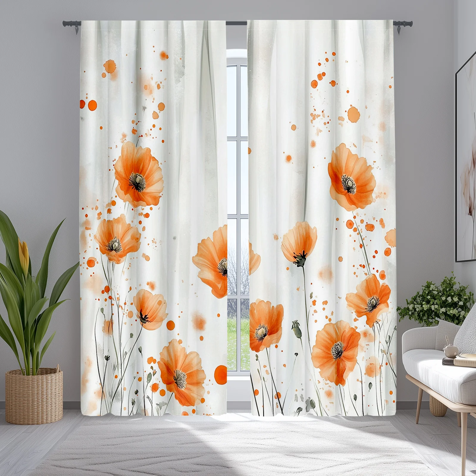 

2 Pieces Spring Poppy and Butterfly Kitchen Curtains, Vermillion Orange Polyester Curtains for Cafe and Kitchen