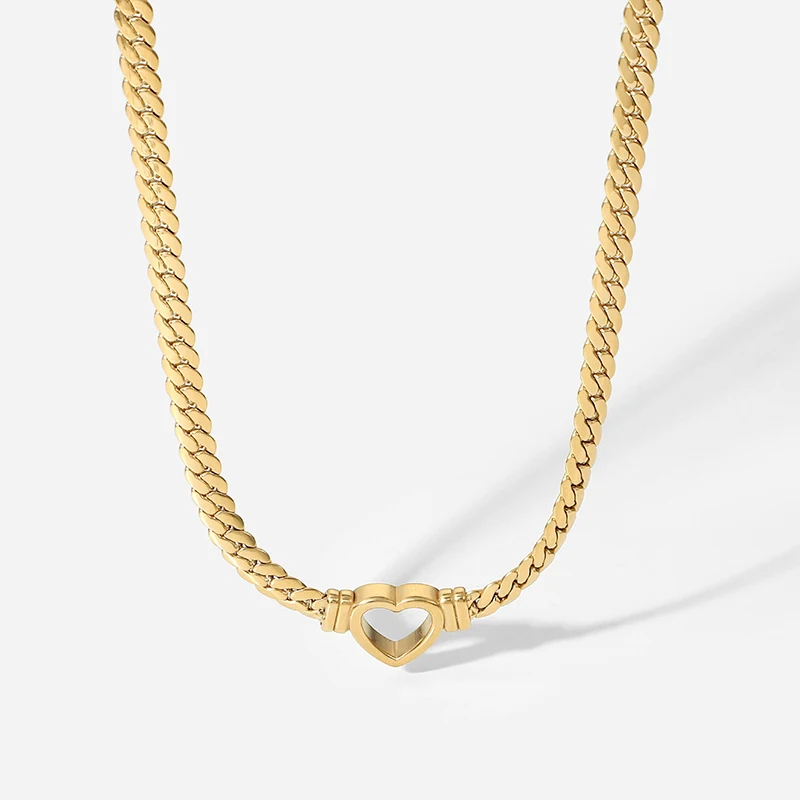 

Gold Plated Stainless Steel Flat Chain Heart Love Pendant Choker Necklace for Women Waterproof Statement Jewelry Gift