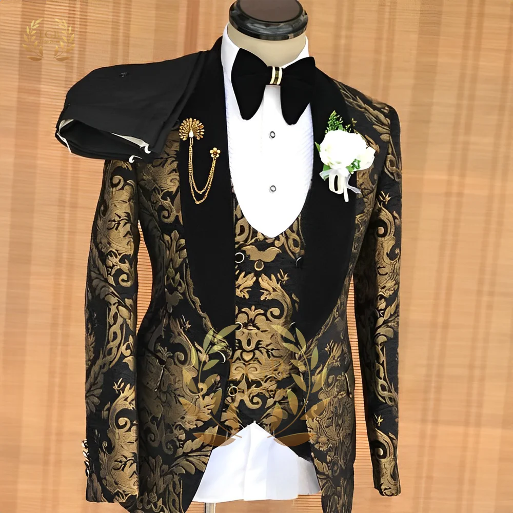 Mens Gold Jacquard Fashion Wedding Suit/Black Blazer Vest Pants 3 Piece Set/Groom Party Formal Dress Custom Tuxedo