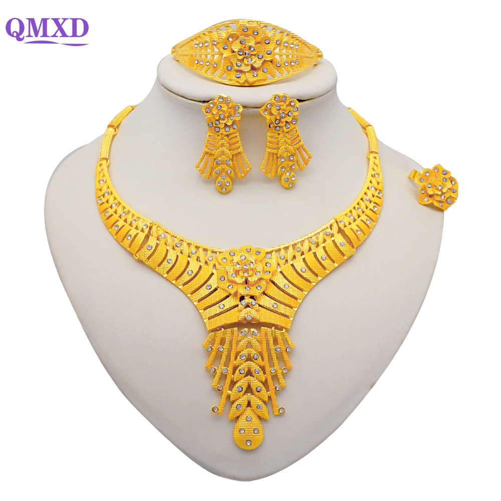 

Dubai Gold Color Jewelry Set For Women Luxury Crystal Necklace Earrings Bracelet Ring Set For Women Wedding Bridal Gift