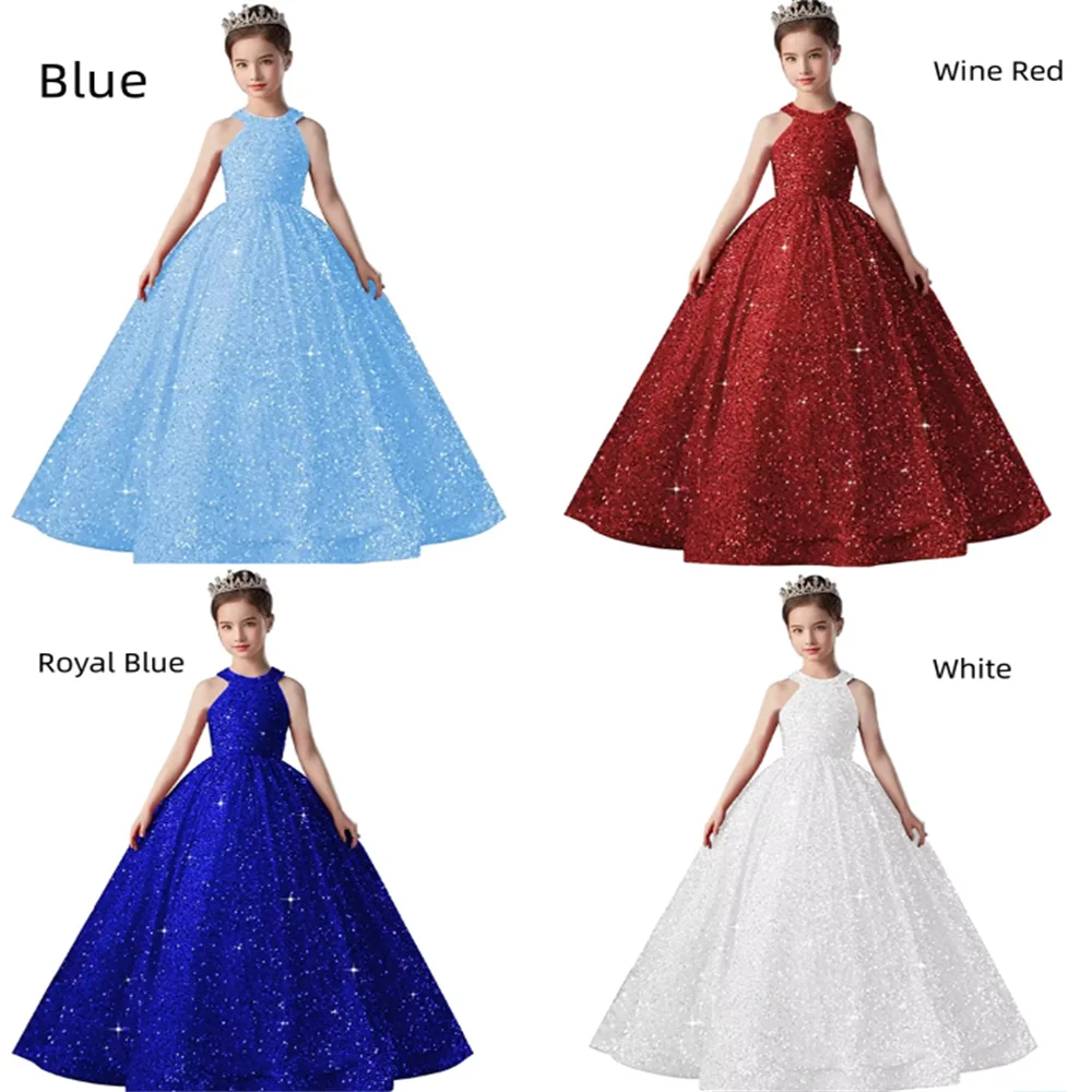 

Sparkling Shining light Blue Gorgeous Flower Girl Dress Beauty Pageant Long For Wedding BirthdaysBaby Princess Ball Evening Gown