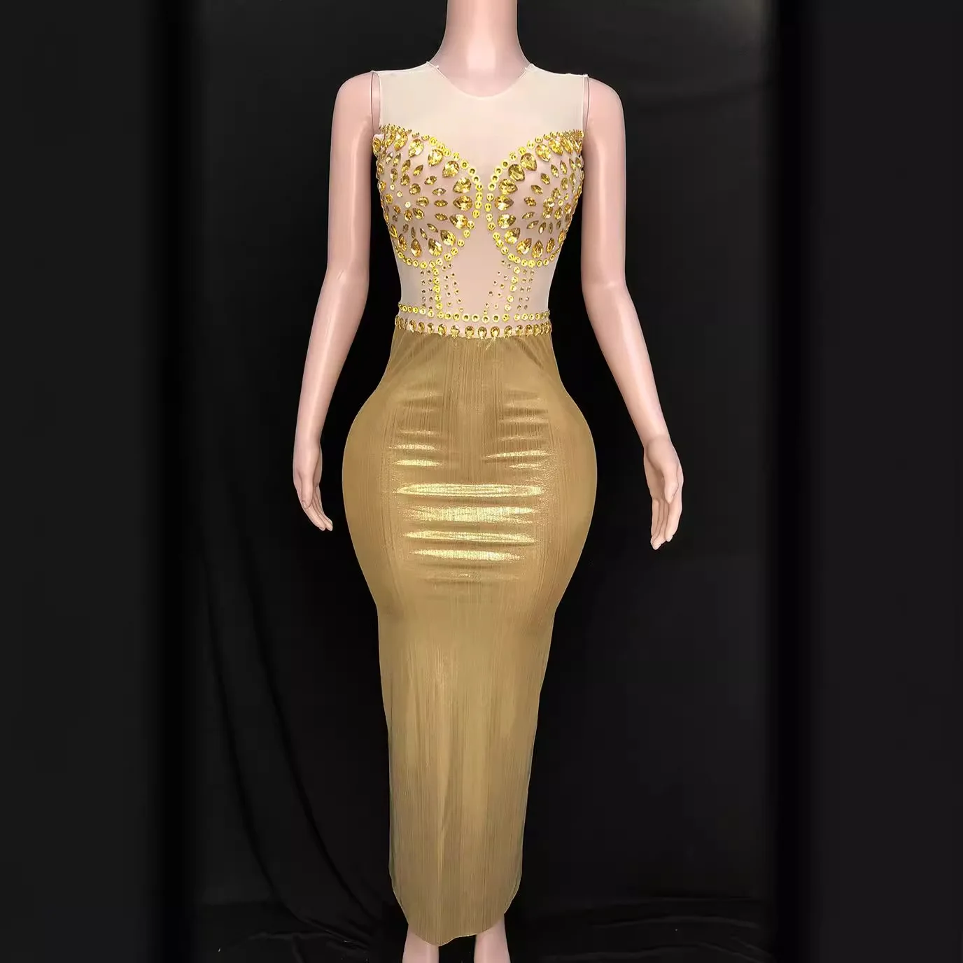 Abito da festa lungo senza maniche girocollo con diamanti lucidi dorati Abito da festa lungo con spacco sul retro Stile sottile sexy Robe De Soiree Elegante Pour Femme