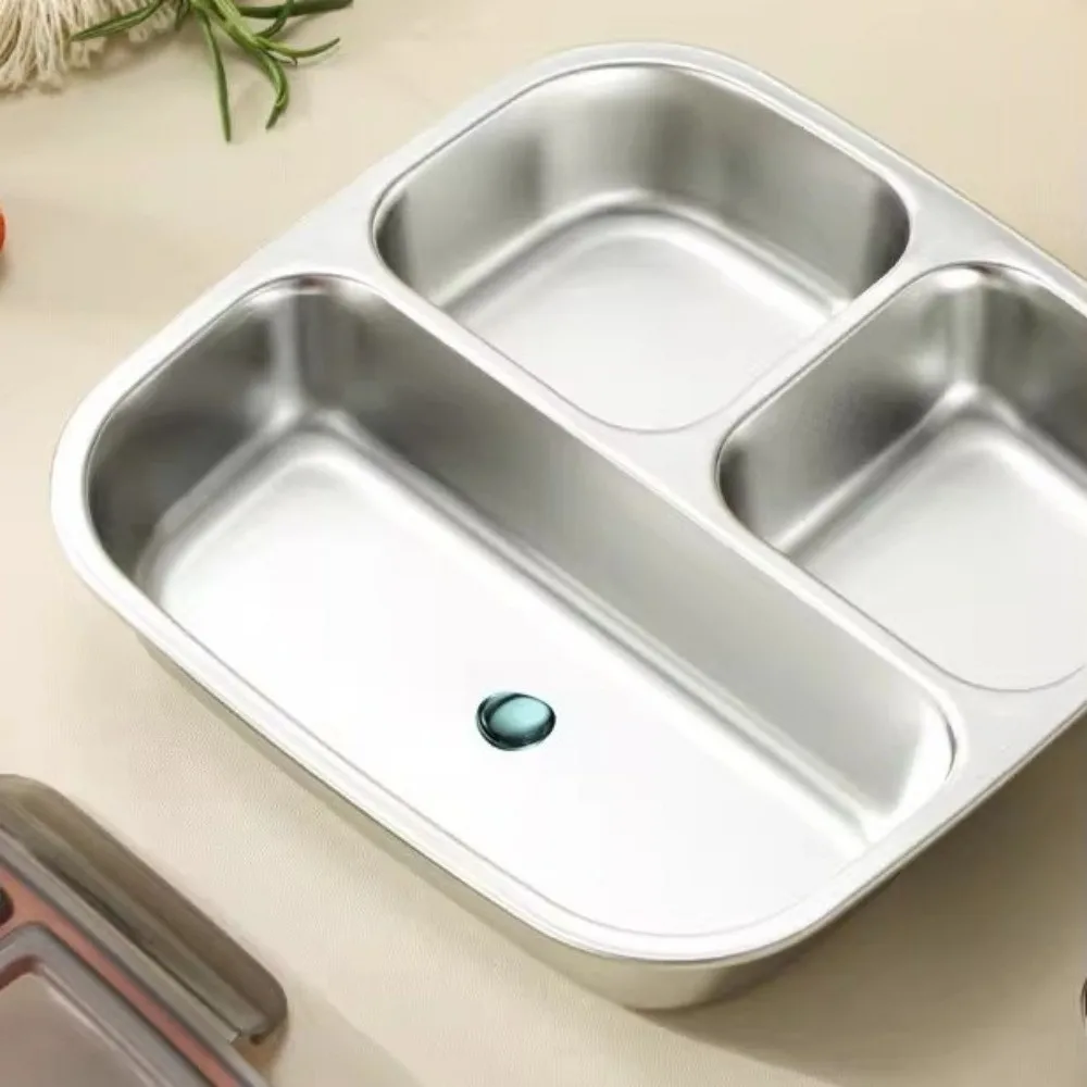 3/ 4 Grids Stainless Steel Lunch Box Reusable Sealed Food Container Leak Proof 600ml Capacity Student Meal Plate Microwave Oven