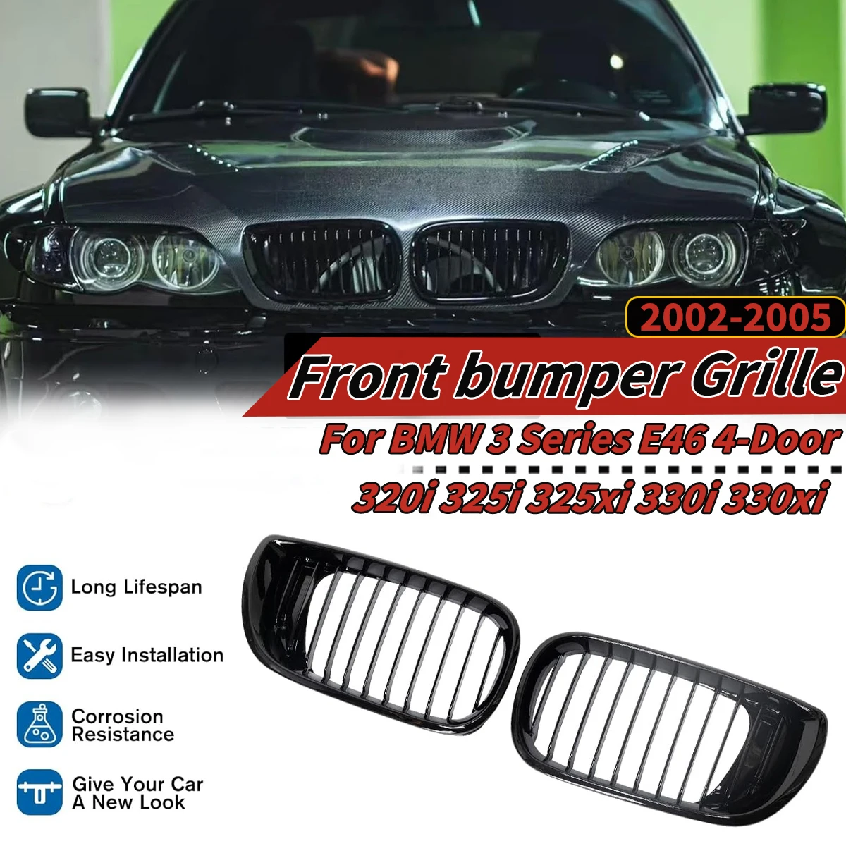 

Front Bumper Grille for BMW 3 Series E46 2002-2005 4-Door 320i 325i 325xi 330i 330xi Single Line Grills Guard Protector Cover