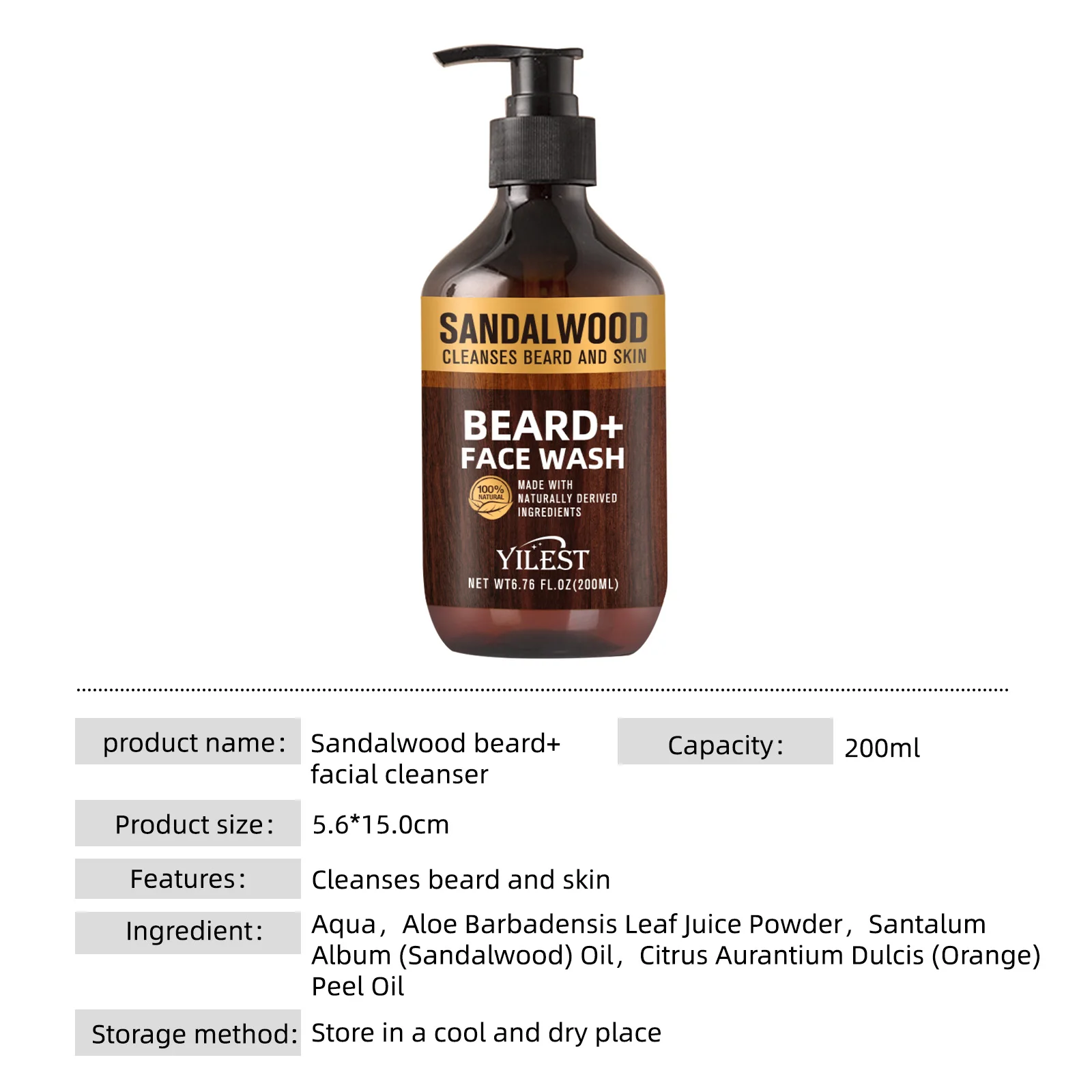 Nettoyant naturel pour barbe et visage en bois de santal pour hommes, 200ml, pour soins de la peau, nettoyage en profondeur, mousse pour le visage avec huile d'aloe vera et d'orange