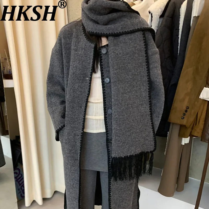 

HKSH осень-зима новая женская длинная шерстяная куртка однобортные карманы лоскутный шарф контрастного цвета элегантные пальто HK12892