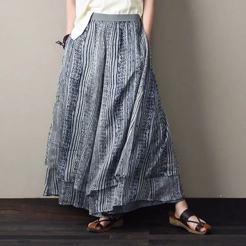 

Summer Large Size Wide Leg Pants Silk Loose Skirt Pants Women Nine Points Pants Double Layer Elastic Waist Dra Print