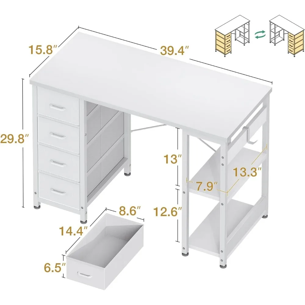 40 Inch Small White Computer Desk with 4 Fabric Drawers, Modern Writing PC Desk for Small Spaces, Home Office Study Table with