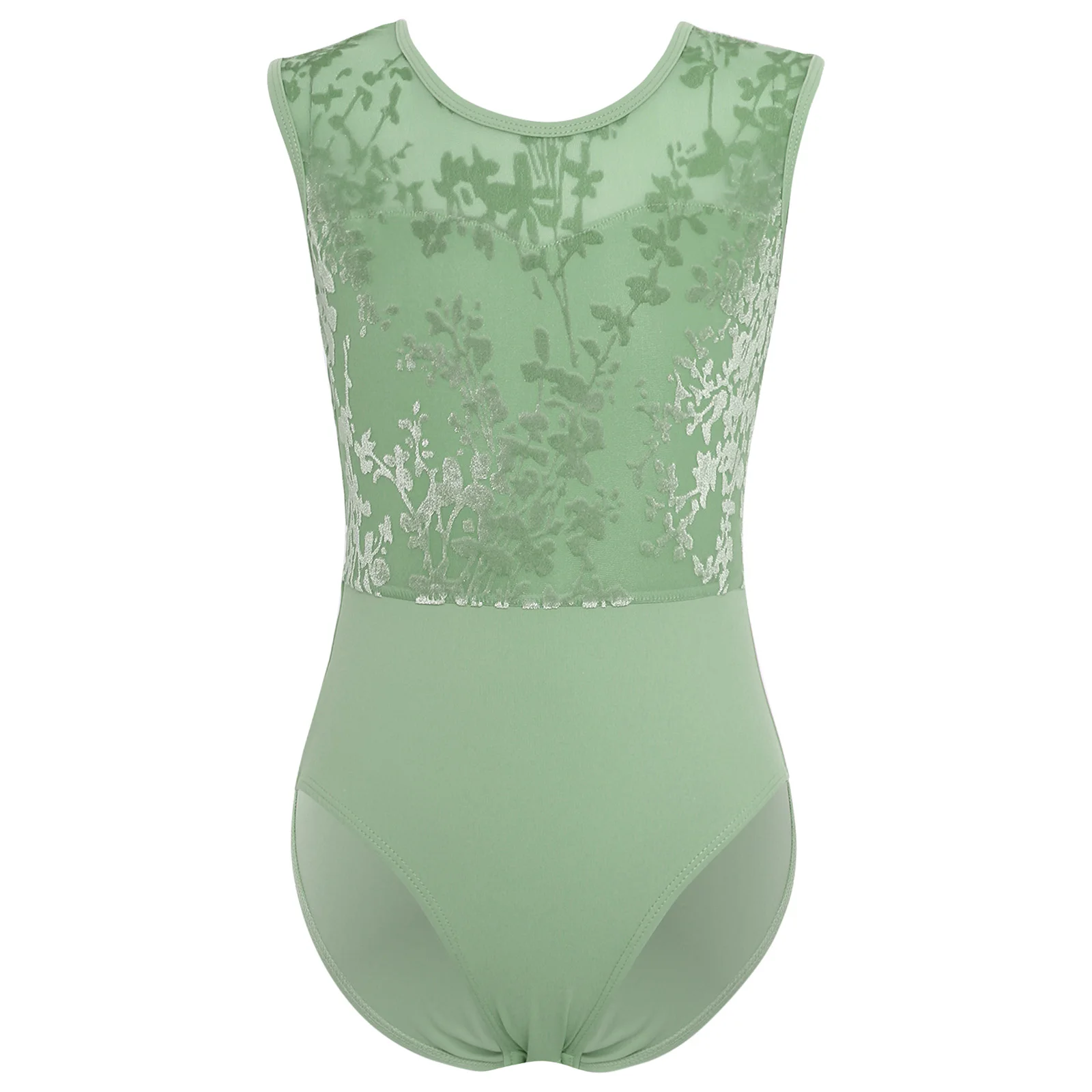 Kids Girls Ballet Practice Performance Dance Leotards Lyrical Sleeveless Velvet Printed Mesh Ballet Gymnastics Dance Leotard