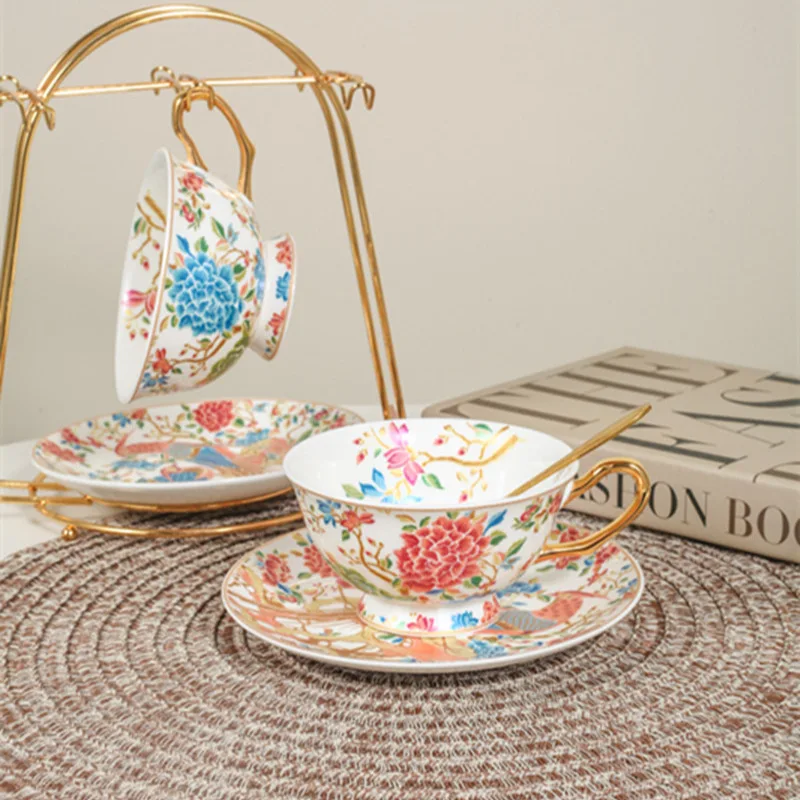 Embroidered coffee cup and plate set, English afternoon tea set, bone china cup, plate, spoon set, ceramic