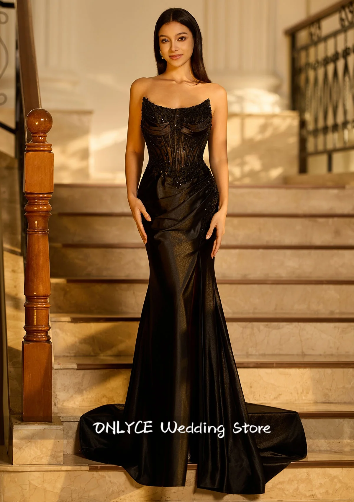

Black Sheath Sweetheart Sweep Train Silk like Satin Corset Prom Dress Beading Appliques Wedding Party Gown Customized
