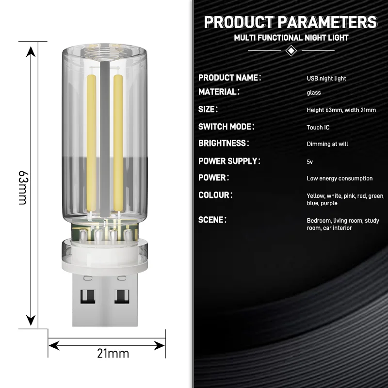 Car USB Night Light Touch Control Incandescent Atmosphere Lights Decorative Portable Lighting Plug Play LED Filament Lamp Bulb