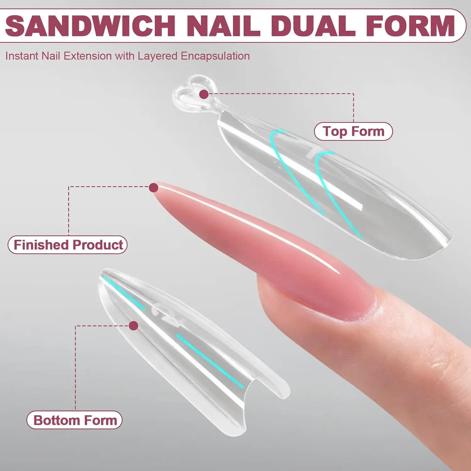 Gorgellux 240pcs Sandwich Nails Dual Forms 14 Sizes Long Square Stiletto Oval Clear Nail Molds for Builder Poly Gel Manicure