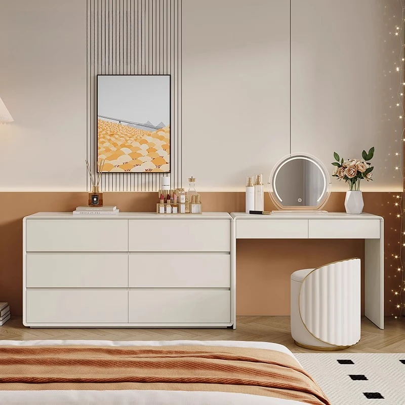 

Cream Style Bedroom Bucket Cabinet and Dressing Table Integrated Modern Minimalist Computer Desk Luxury Makeup Storage Cabinet