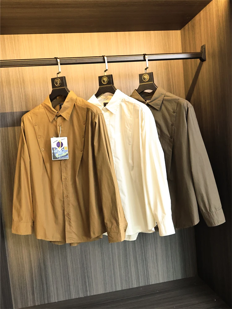 

American Sle Oversize Cotton irt Loose Casual irt Pure Color Long Sve arp Collar All Seasons Stand Fit Men's irt