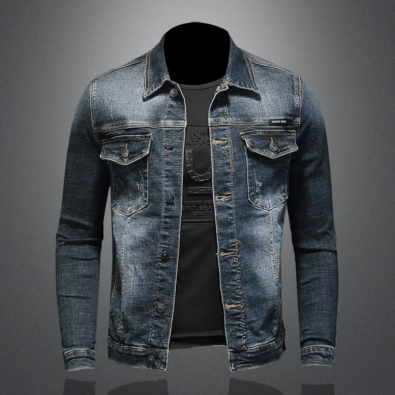 

Motorcycle Jacket Men Spring Autumn Denim Retro Casual Slim Fit Jeans Coat Single Breasted Outerwear