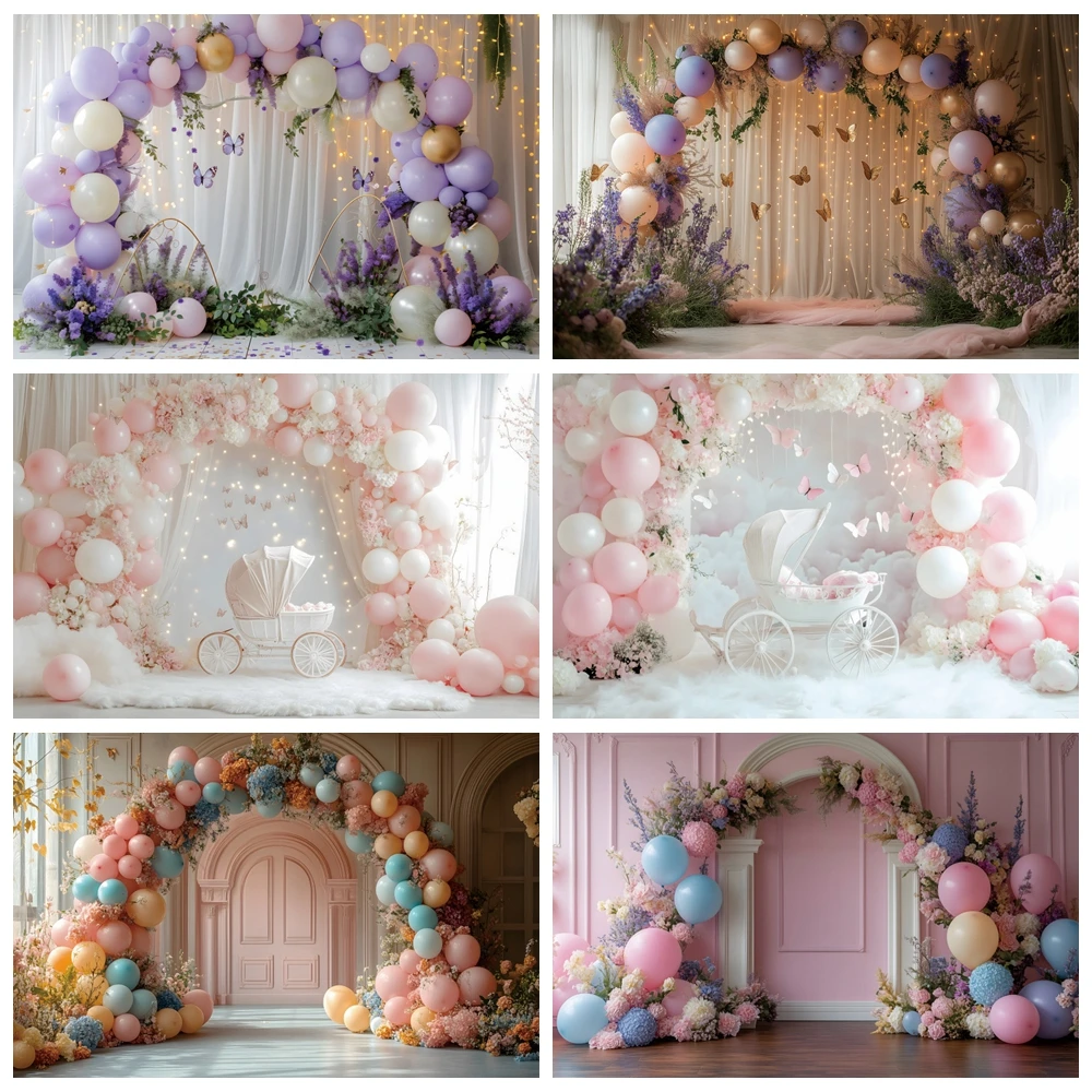 

Flower Butterfly Balloon Backgrounds Custom Kids Adults Portrait Photocall Decor Banner Wedding Arch Door Photography Backdrops