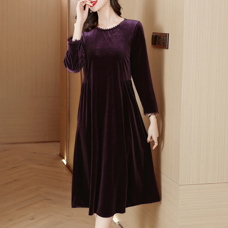 

2023 New Fashion Silk Velvet Dress Women's Autumn Vintage Solid Loose Fit Leisure Holiday Party Party Party Dress Vestidos