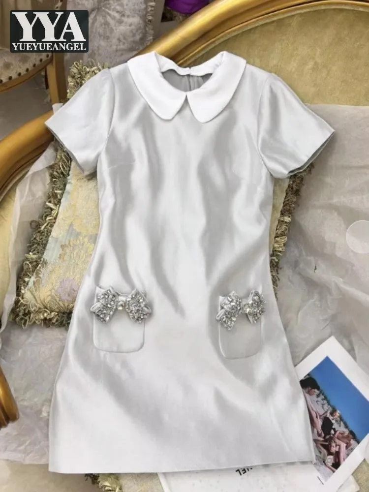 

Summer New Style Young Ladies Sweet Doll Collar Dress Short Sleeve Pocket Diamond Bow Fashion Back Zip Above Knee Length Dresses