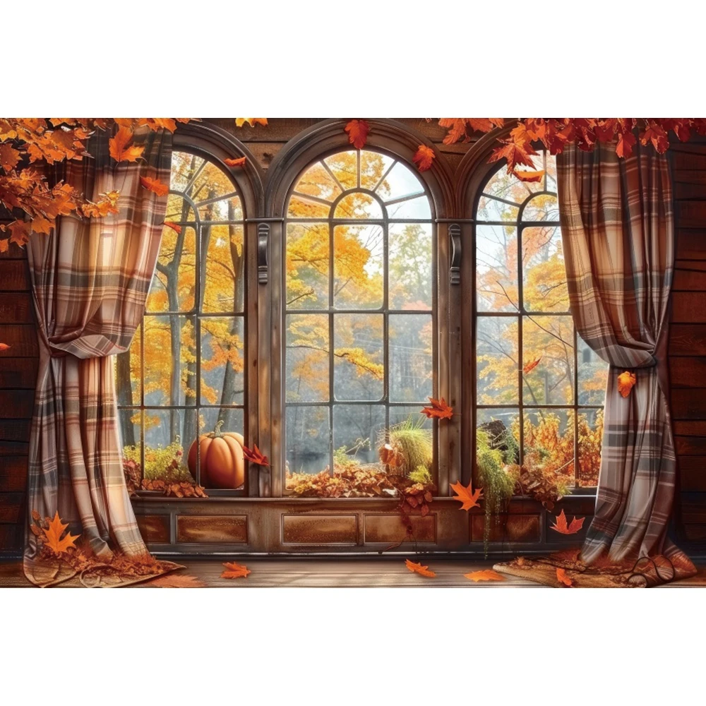 Autumn Scene Backdrop Maple Leaves Pumpkin Window Barn Door Haystack Fall Baby Shower Kids Portrait Photography Background Props