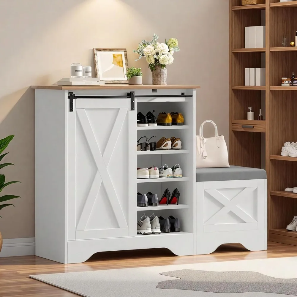 

Farmhouse shoe cabinet with bench, 5-layer ultra-thin shoe cabinet adjustable shelf, can accommodate 20 pairs, with sliding door