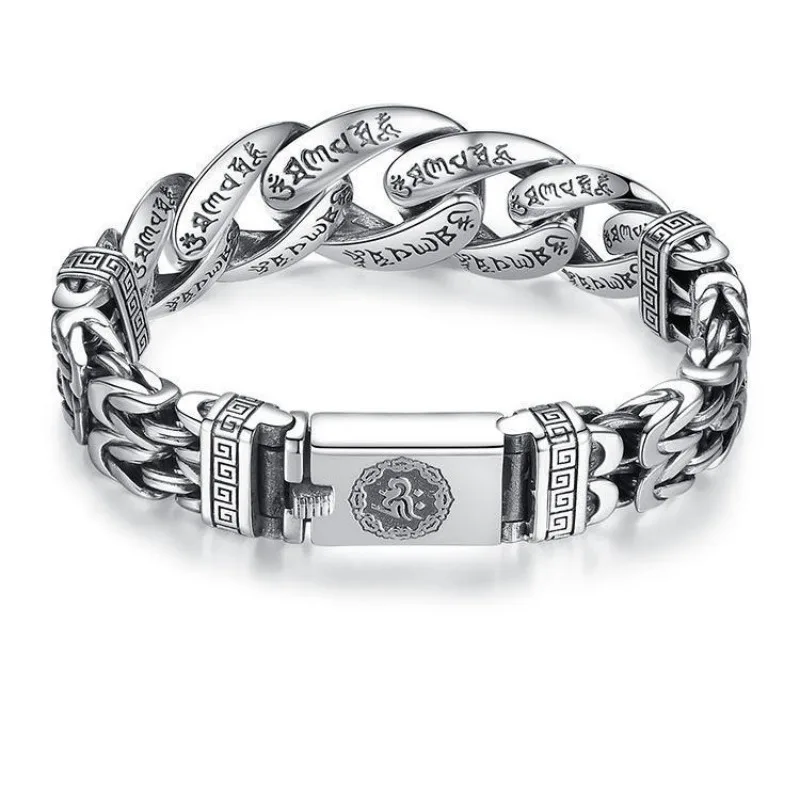 Bold Six-Word Mantra Silver Bracelet, Lucky Protection Pattern, Vintage Trendy Jewelry