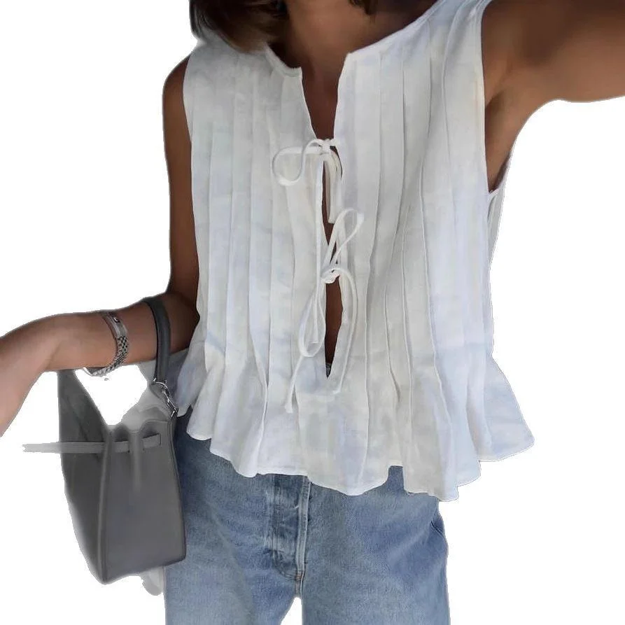 Mujer Algodón Lino Irt Cintura atada Primavera Verano Casual Cómodo Transpirable No Sve Color liso Diseño plisado