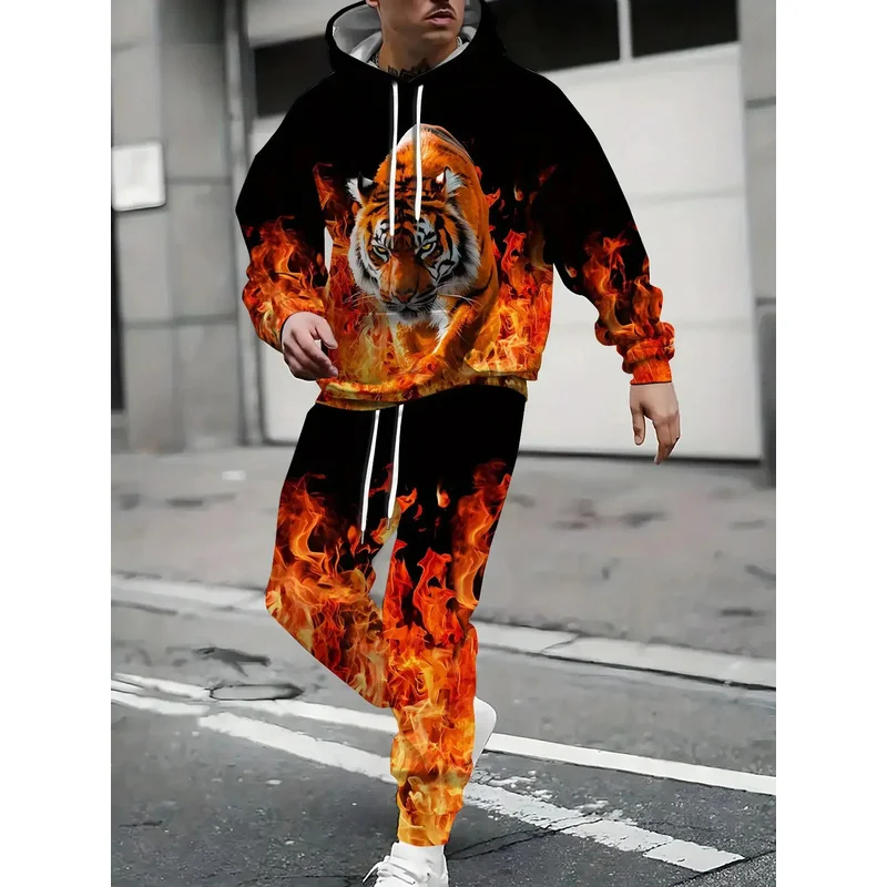 Men'S Casual Suit With Flame Tiger Pattern Hooded Sweatshirt And Jogging Pants Set, Loose Fit Suitable For Weekend Casual Sports