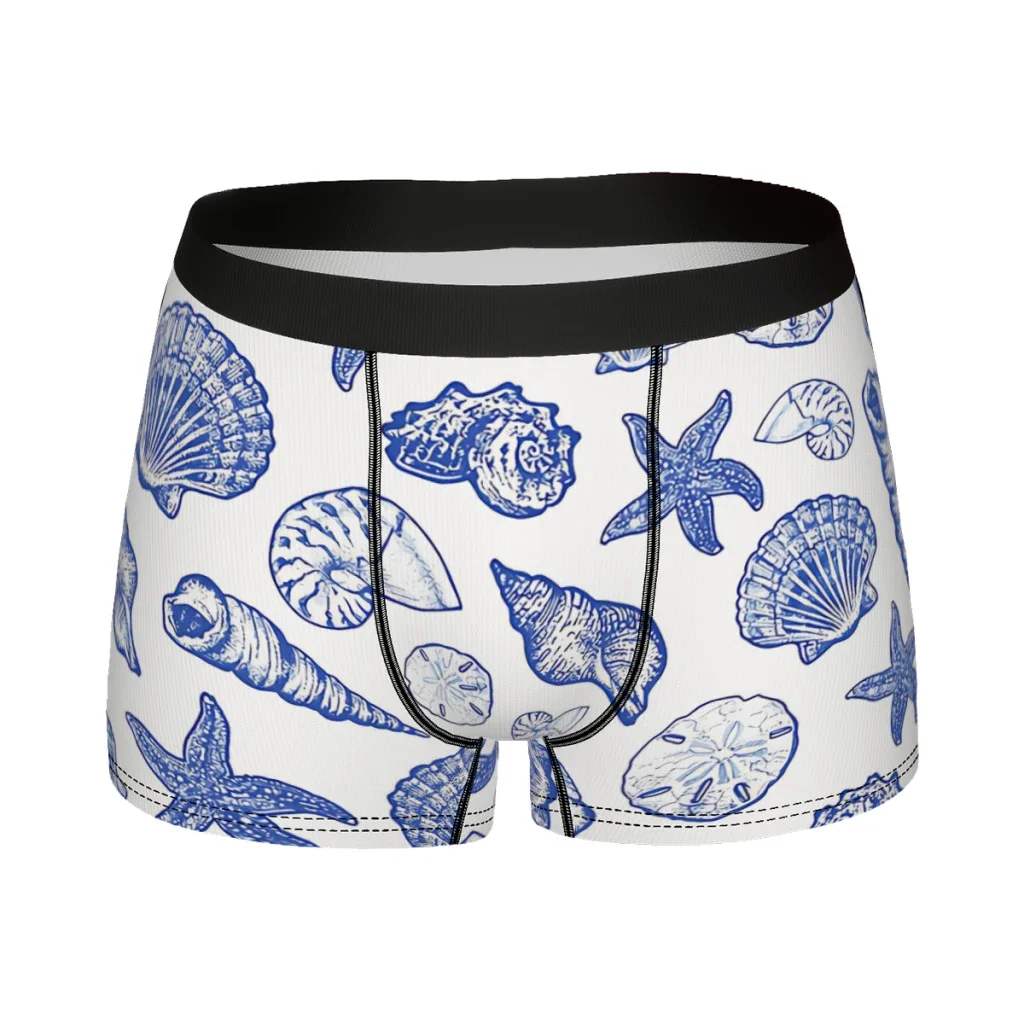 Blue Seashell Print Ocean Underpants Cotton Panties Male Underwear Ventilate Shorts Boxer Briefs