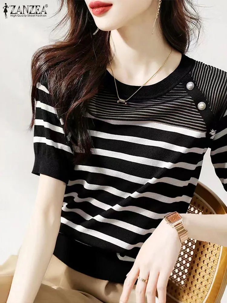 Women Summer Short Sleeve Patchwork Blouse ZANZEA Elegant OL Work Shirt Woman Fashion Striped Tops Casual Holiday Blusas Chemise